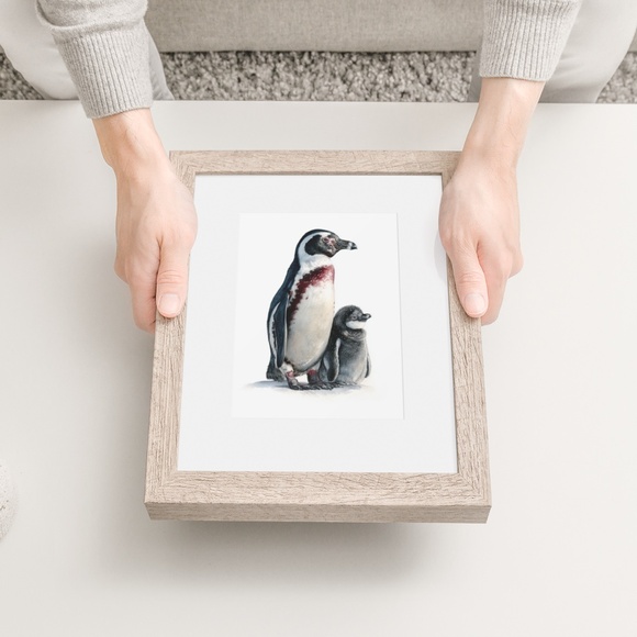Watercolor Humboldt Penguin with its Babe Wall Art Print Unframed - Regal Arctic - Picture 6 of 7